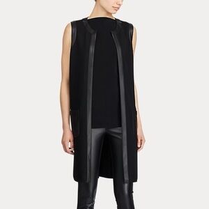 Lauren Ralph Lauren Black Knit Faux Leather Trim‎ Open Vest - small